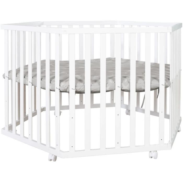 ROBA LITTLE STARS Hegaxonal Baby Playpen - Adjustable Height - Padded Cover - Braked Wheels - White Lacquered Wood - Star Pattern