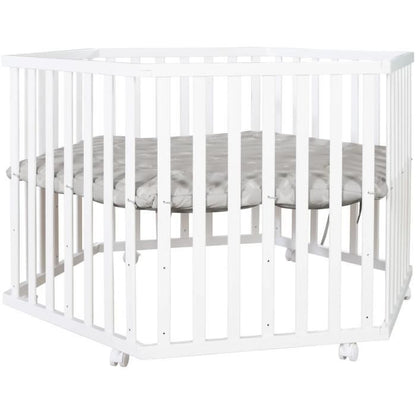 ROBA LITTLE STARS Hegaxonal Baby Playpen - Adjustable Height - Padded Cover - Braked Wheels - White Lacquered Wood - Star Pattern