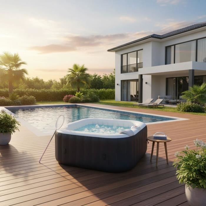 ALL-INCLUSIVE SPA KIT and accessories: 4-seater square inflatable spa with 2 headrests, filter, net, brush, mat, cover