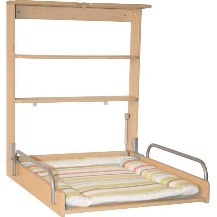 Wall-mounted folding changing table - ROBA - DSCHUNGELBABY - Multi-coloured striped mattress included - 2 integrated shelves - Natural wood
