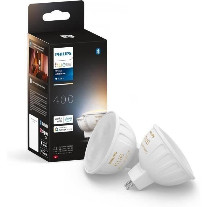 Connected bulb - PHILIPS HUE - MR16 - White light - Bluetooth compatible - Pack of 2 - Works with App and voice