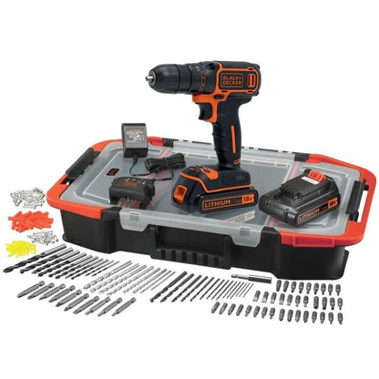 Black+Decker drill wireless screwdriver 18 V li-ion with BDCDC18BAST-QW charger with 160 accessories, 2 batteries 1.5 Ah, 1 box