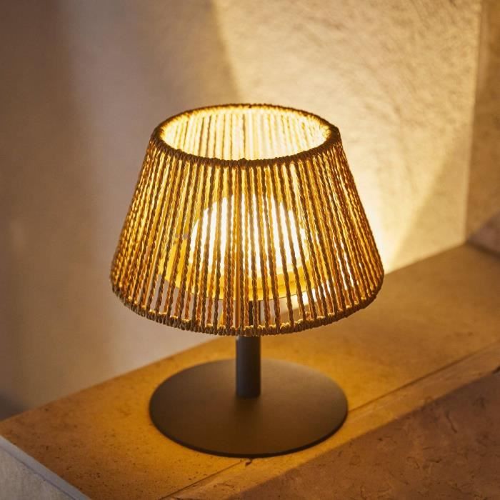 Cordless table lamp - LUMISKY - STANDY MINI RAFFY - H22 cm - Natural raffia - Warm white and white LED
