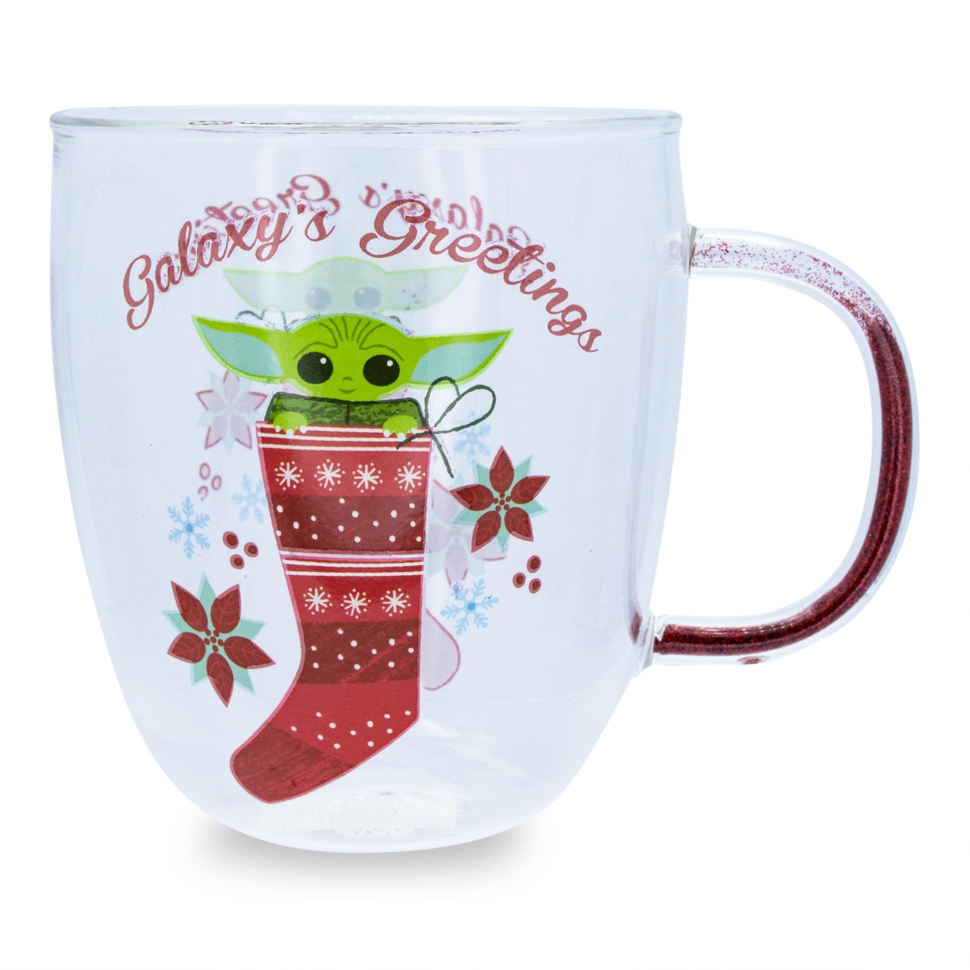 Star Wars: The Mandalorian Grogu Holiday Glitter Handle Glass Mug | 14 Ounces