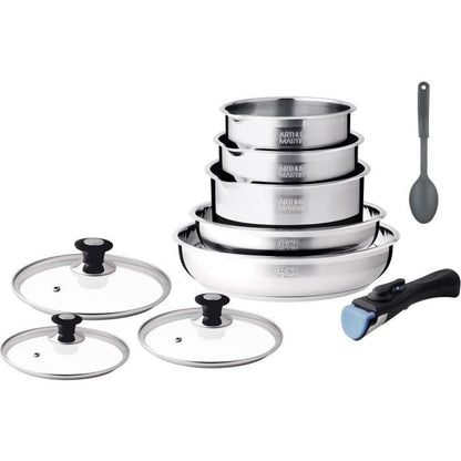 Induction cookware set - Arthur Martin - AM4485 - Stainless steel - 10 pieces - Removable handle - All hobs including induction