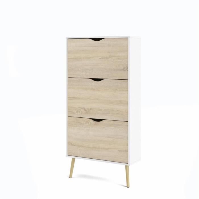 Shoe cabinet - White / Oak - 12 pairs - Solid wood flared base - 70.2 x 23.9 x 138.9 cm