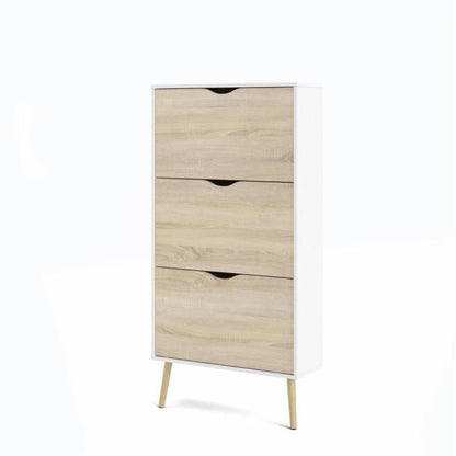 Shoe cabinet - White / Oak - 12 pairs - Solid wood flared base - 70.2 x 23.9 x 138.9 cm
