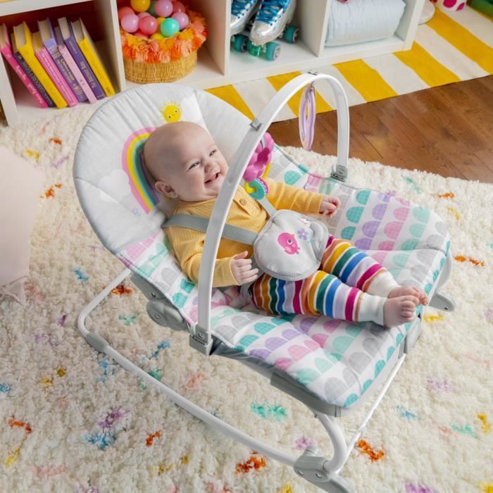 BRIGHT STARTS Rosy Rainbow evolving rocker, soothing vibrations, 2 recline positions, up to 36 months