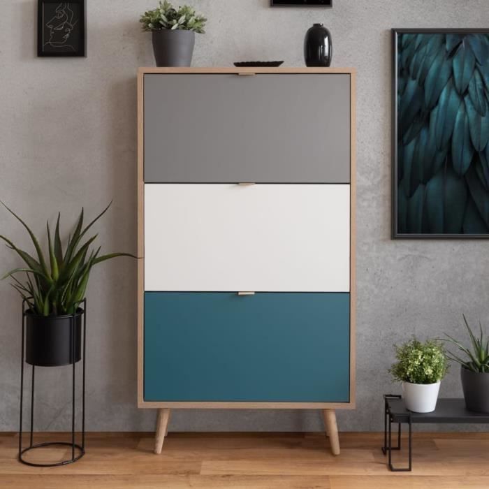 CUBA Shoe cabinet 18 pairs - Sonoma oak and light gray decor - L 70 x D 24 x H 127 cm