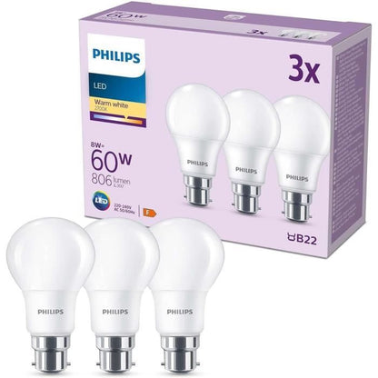 LED Bulb - PHILIPS - 60 W - B22 - Warm White - Frosted - Non-Dimmable - 3 pieces