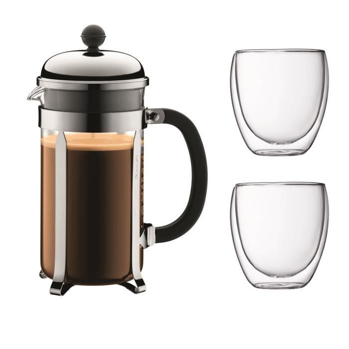 BODUM CHAMBORD Piston Coffee Set - 8 cups - 1L - Gray - With 2 double-sided glasses Pavina 0,35l