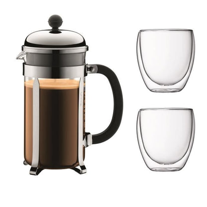 BODUM CHAMBORD Piston Coffee Set - 8 cups - 1L - Gray - With 2 double-sided glasses Pavina 0,35l