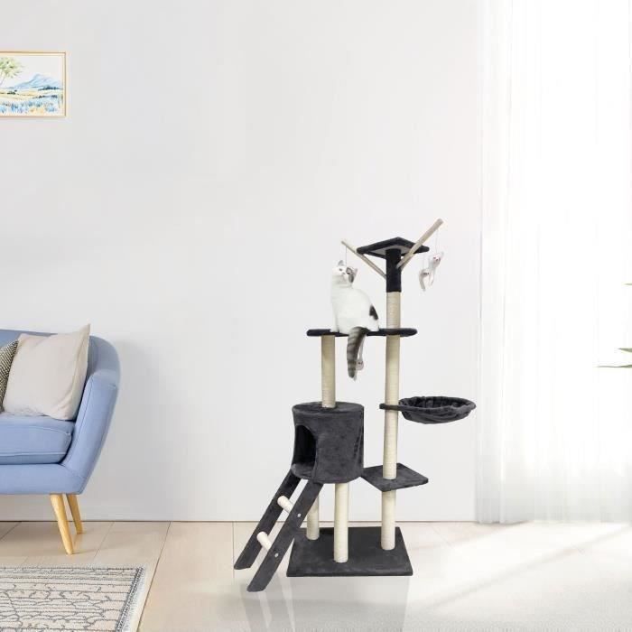 JIPSY Dark Grey Cat Tree 79 x 34 x 138 cm - 3 Platforms, 1 Perch, 1 Niche, 1 Staircase, Scratching Posts