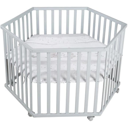 ROBA Hegaxonal Playpen - Padded Cover - Elephant Pattern - 6 Braked Wheels - Taupe Lacquered Wood