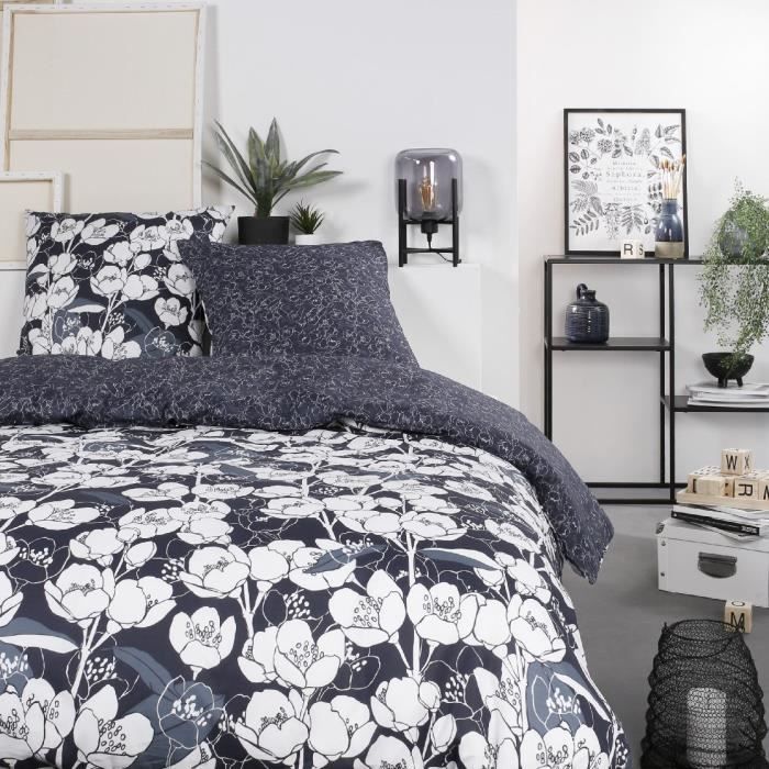 Mawira bed set - 2 people - 260 x 240 cm - 100% cotton - Navy blue floral motif - TODAY
