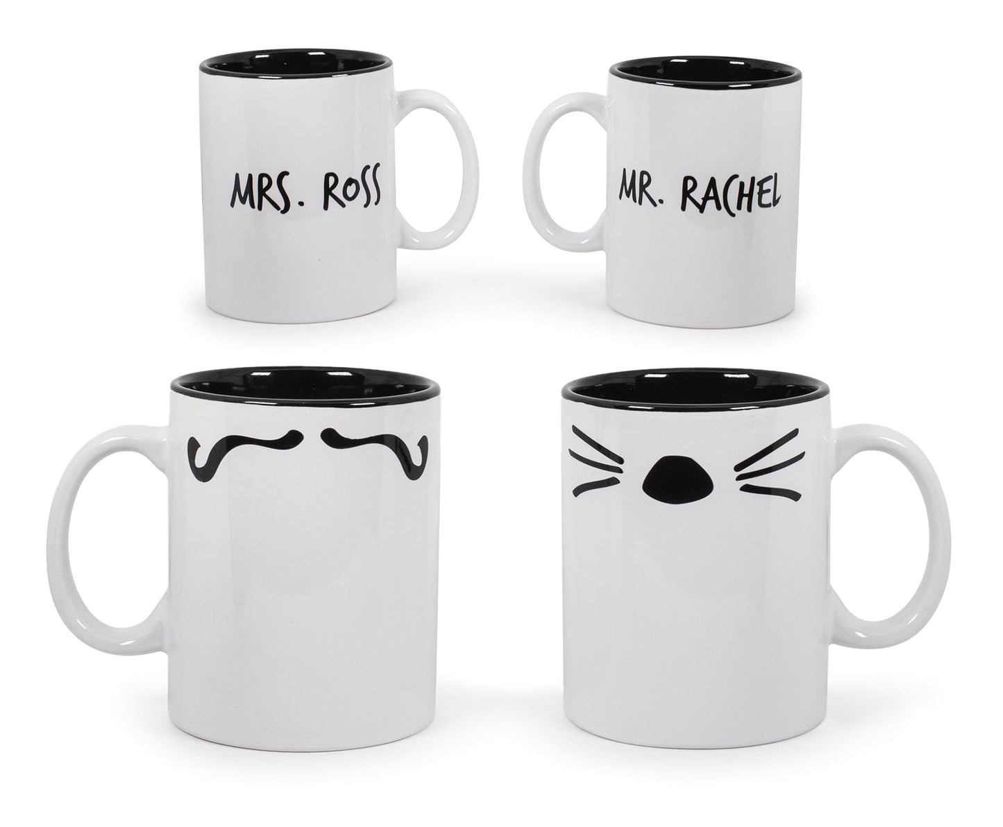 Friends Mr. Rachel Whiskers and Mrs. Ross Moustache Double-Sided Mugs | Set of 2