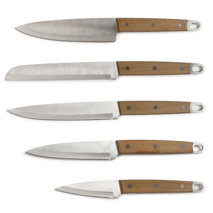 Set of 5 knives - LIVOO - MEC129 - Knives: chef, bread, kitchen, slicing and paring - Stainless steel - Beech handle