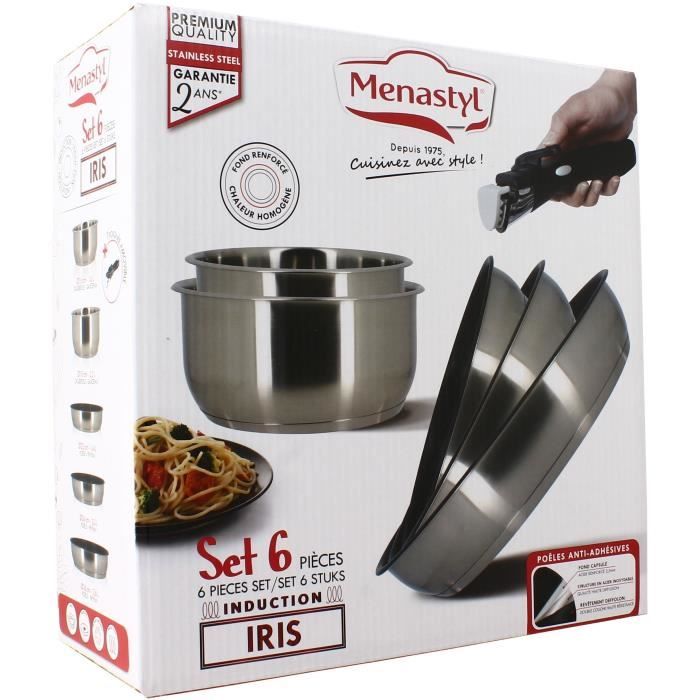 Cookware set - Induction - MENASTYL - 7930018 - Stainless steel - 6 pieces - Removable handle - Grey