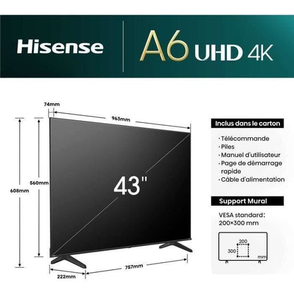 LED TV - HISENSE - 43A6N - 43'' (108 cm) - 4K UHD 3840x2160 - 60Hz - HDR 10+ - Smart TV - 3 x HDMI