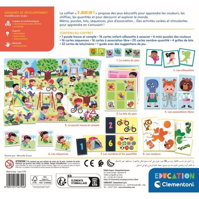 Clementoni - Box of 8 games in 1 - Educational games shapes, colors, numbers, quantities - Ages 3 and up