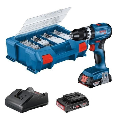 Percussion drill Bosch Professional GSB 18V-45 +2 2.0AH batteries + Gal 18V-20 charger, L-Case Pick & Click, 82pcs.