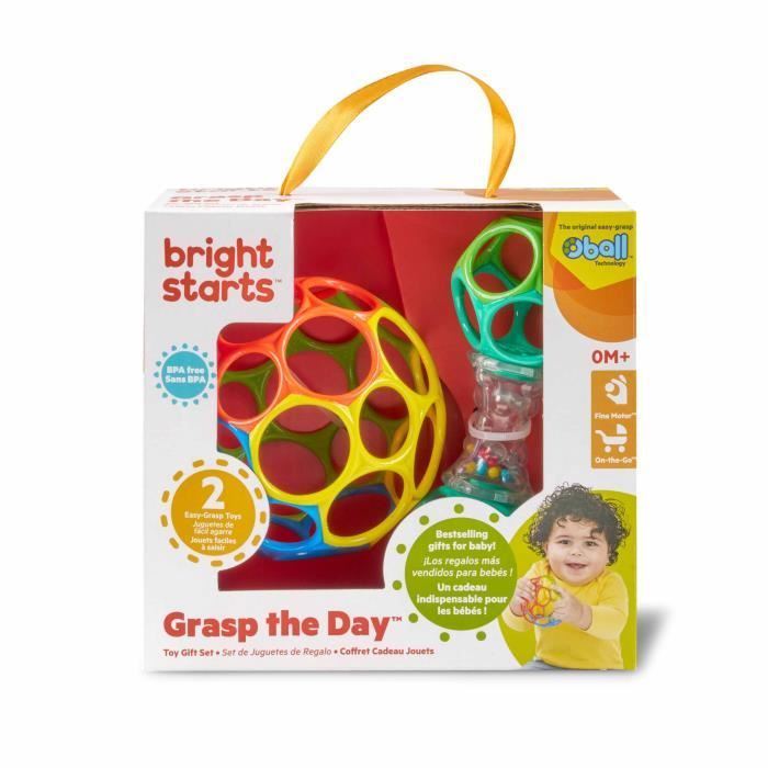 BRIGHT STARS O'Ball Baby Gift Set with 2 Baby Toys: a Rattle and a Classic O Ball in Red, Yellow, Blue and Green