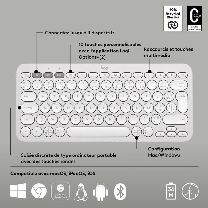 LOGITECH - Wireless keyboard - Pebble Keys 2 K380s - Bluetooth - Easy-Switch button - White - (920-011804)