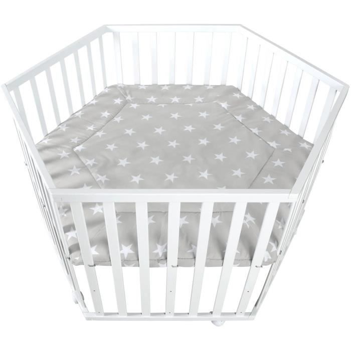 ROBA LITTLE STARS Hegaxonal Baby Playpen - Adjustable Height - Padded Cover - Braked Wheels - White Lacquered Wood - Star Pattern