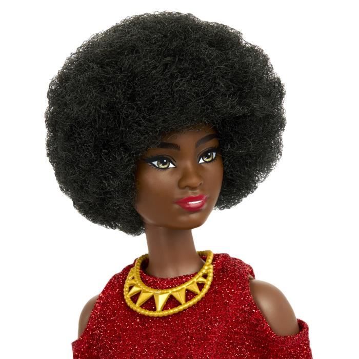 Barbie-Fashionistas 221-Doll with black hair and red dress HRH18
