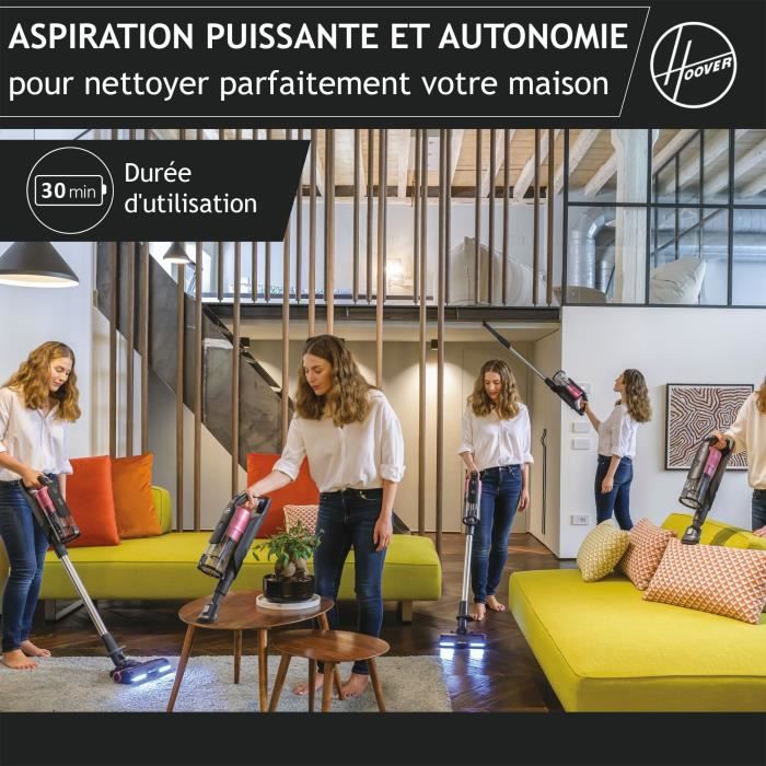 Cordless Stick Vacuum Cleaner - HOOVER HF920H - 65 AW - 86 dBA - LED Display - Pink / Grey