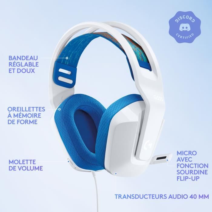 GAMING Headphones - Lightweight - LOGITECH G - G335 WIRED - WHITE - Discord Certified