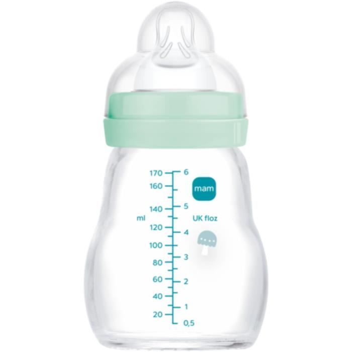 MAM Glass Baby Bottle - 170ml - Blue - Teat Flow 1