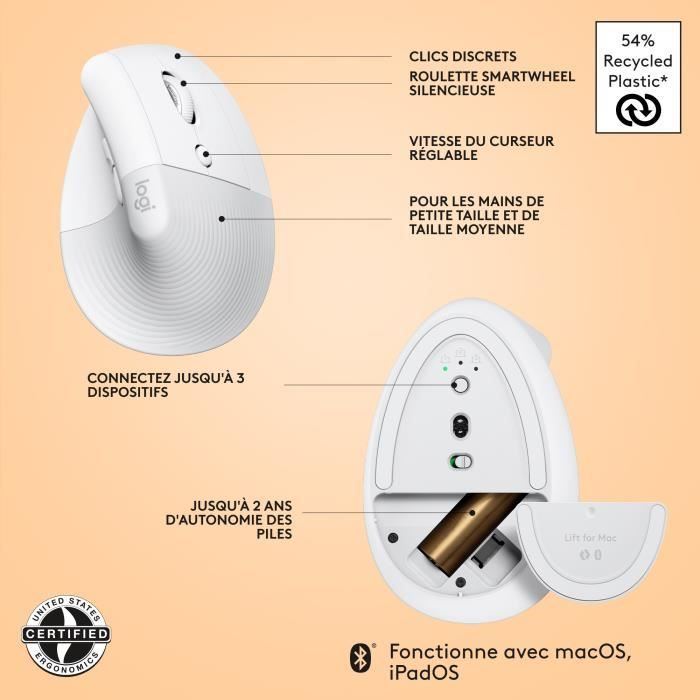 Logitech - Lift mouse for Mac - Wireless Ergonomic - White