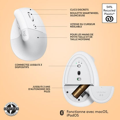Logitech - Lift mouse for Mac - Wireless Ergonomic - White