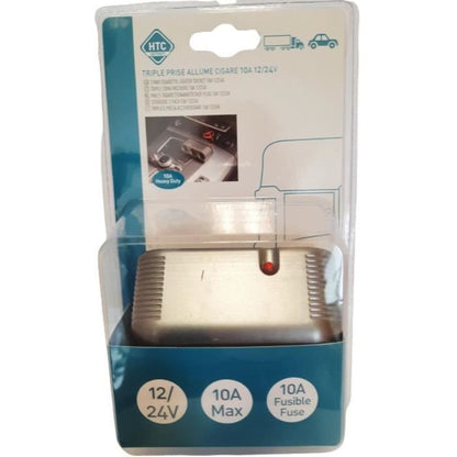 Triple cigarette lighter socket 12/24V - HTC EQUIPEMENT - With Heavy duty socket and 80cm red cable