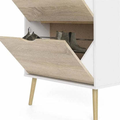 Shoe cabinet - White / Oak - 12 pairs - Solid wood flared base - 70.2 x 23.9 x 138.9 cm