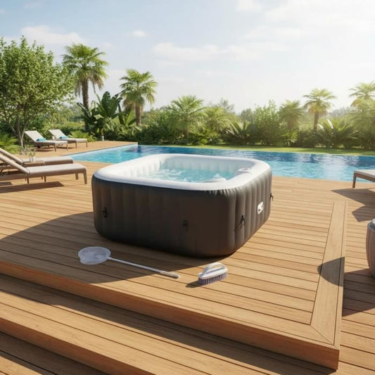 ALL-INCLUSIVE SPA KIT and accessories: 4-seater square inflatable spa with 2 headrests, filter, net, brush, mat, cover