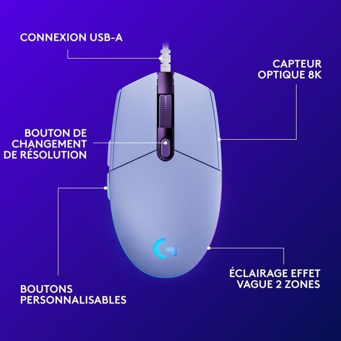 Wired Gaming Mouse - LOGITECH G - G203 - LIGHTSYNC - RGB - Lilac Color