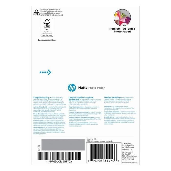 HP Matte Photo Paper, 180 g / m2, 10 x 15 cm, 25 sheets (7HF70A)
