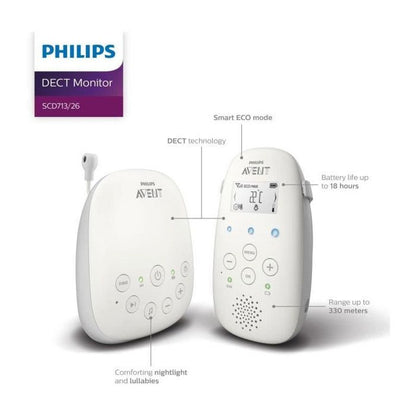 SCD713/26 Baby Monitor - PHILIPS AVENT - DECT Audio - White - LCD Screen - Temperature Sensor - Night Light