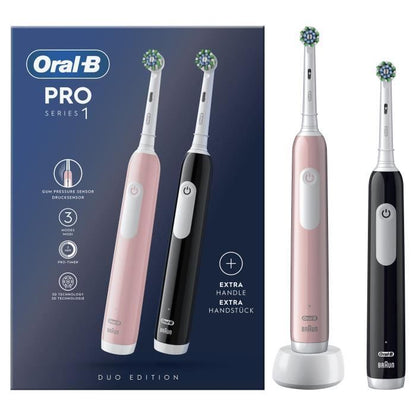Oral-B Pro Series 1 Pack of Two, Pink and Black Electric Toothbrushes, 2 Brush Heads, Designed by Braun