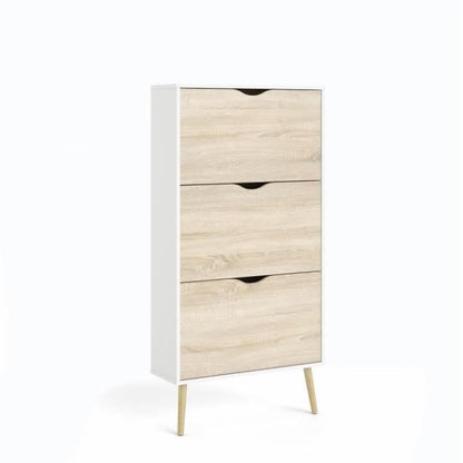 Shoe cabinet - White / Oak - 12 pairs - Solid wood flared base - 70.2 x 23.9 x 138.9 cm