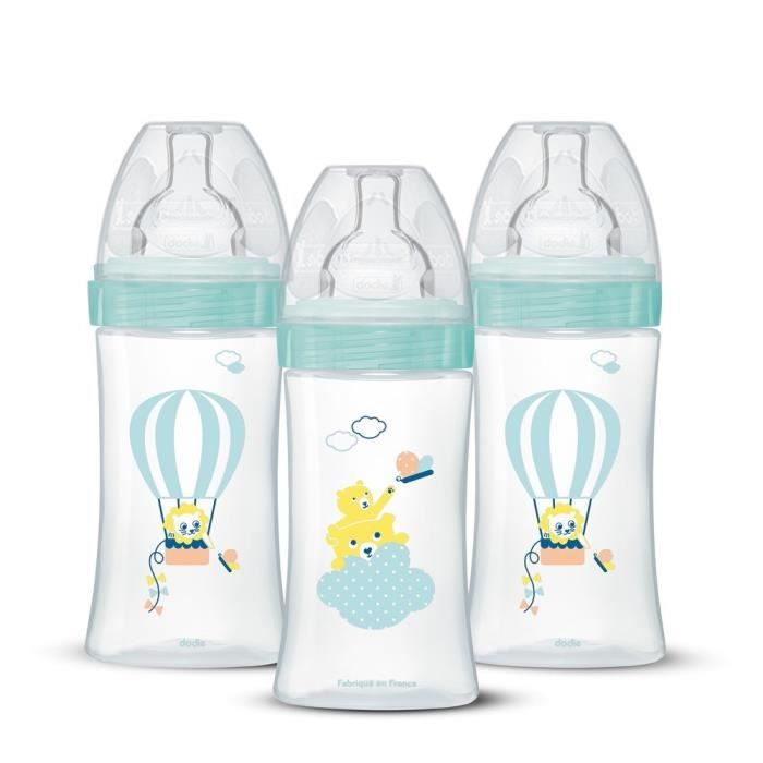 Pack of 3 baby bottles - DODIE - EB19 - 270 ml - Flat teat - Green