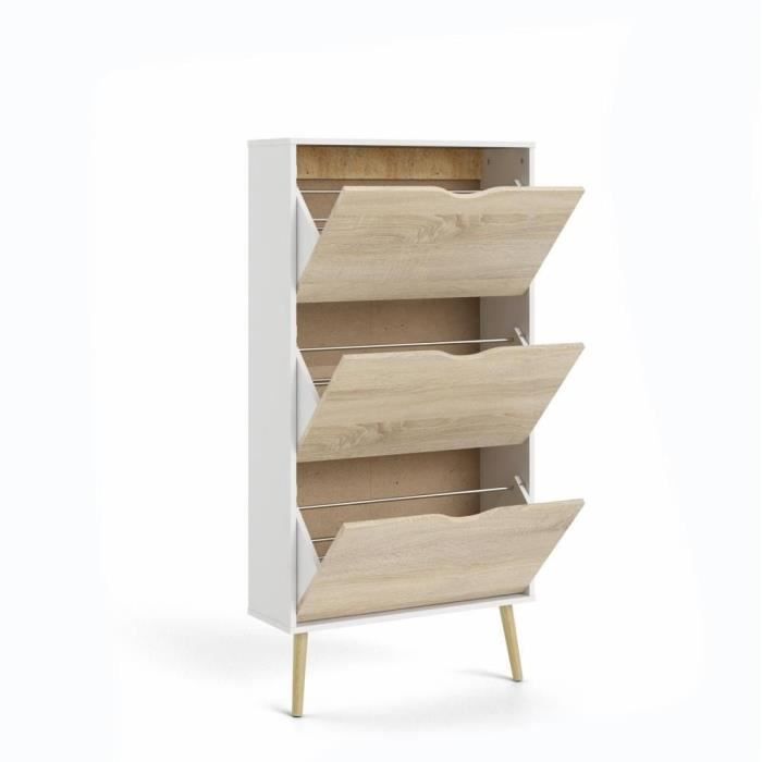 Shoe cabinet - White / Oak - 12 pairs - Solid wood flared base - 70.2 x 23.9 x 138.9 cm