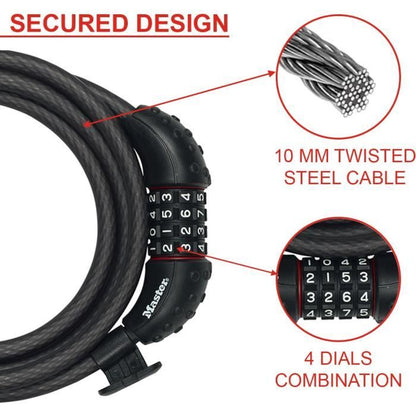 Bike Lock - MASTER LOCK - 8120EURDPRO - Twisted Steel Cable - 1.8m Length