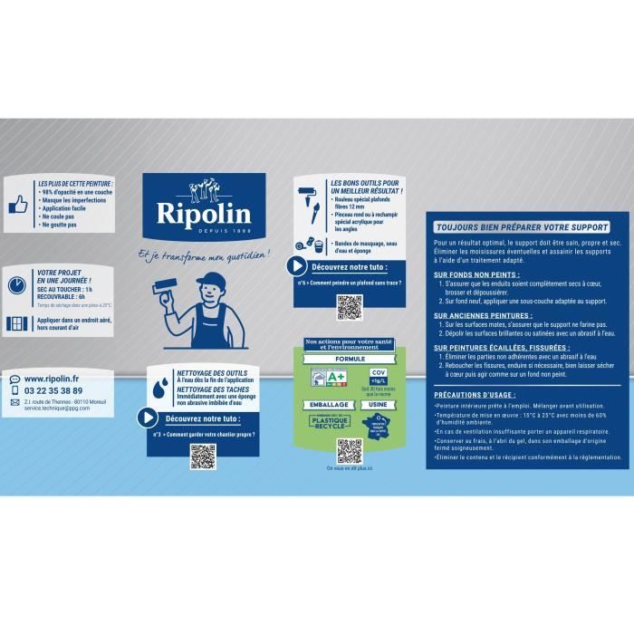 Kitchen & bathroom ceiling paint - Matt white - RIPOLIN - 1L