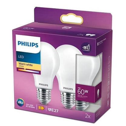 Philips LED Classic 60W Standard E27 Warm White Non -Dimmable Lot of 2
