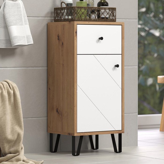 Bathroom furniture - low storage - Oak and white decor - L36 x D29 x H79 cm - TOUCH