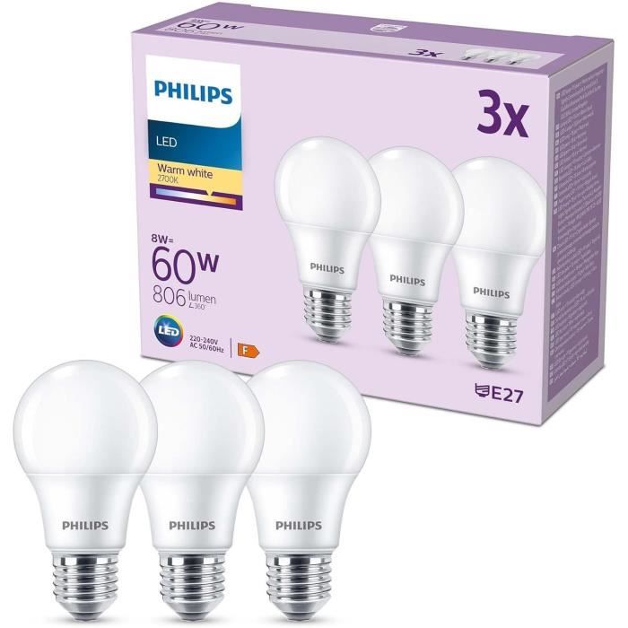 LED Bulb - PHILIPS - 60 W - E27 - Warm White - Frosted - Non-Dimmable - 3 pieces