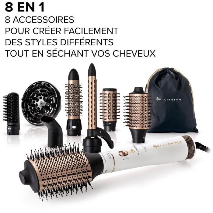 Ionic Blowing Brush - Bellissima - Air Wonder - Heated Volume Blow Drying Brush - Keratin Ceramic Brushes - 8 Accessories